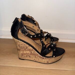 Express tan and black studded wedges